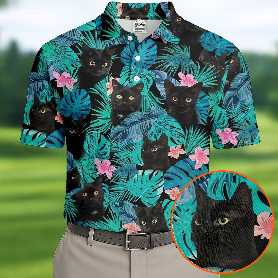 Black Cat Tropical Monstera Hawaiian Golf Polo Shirt, Hawaiian Golf Shirt, Golf Shirts For Men