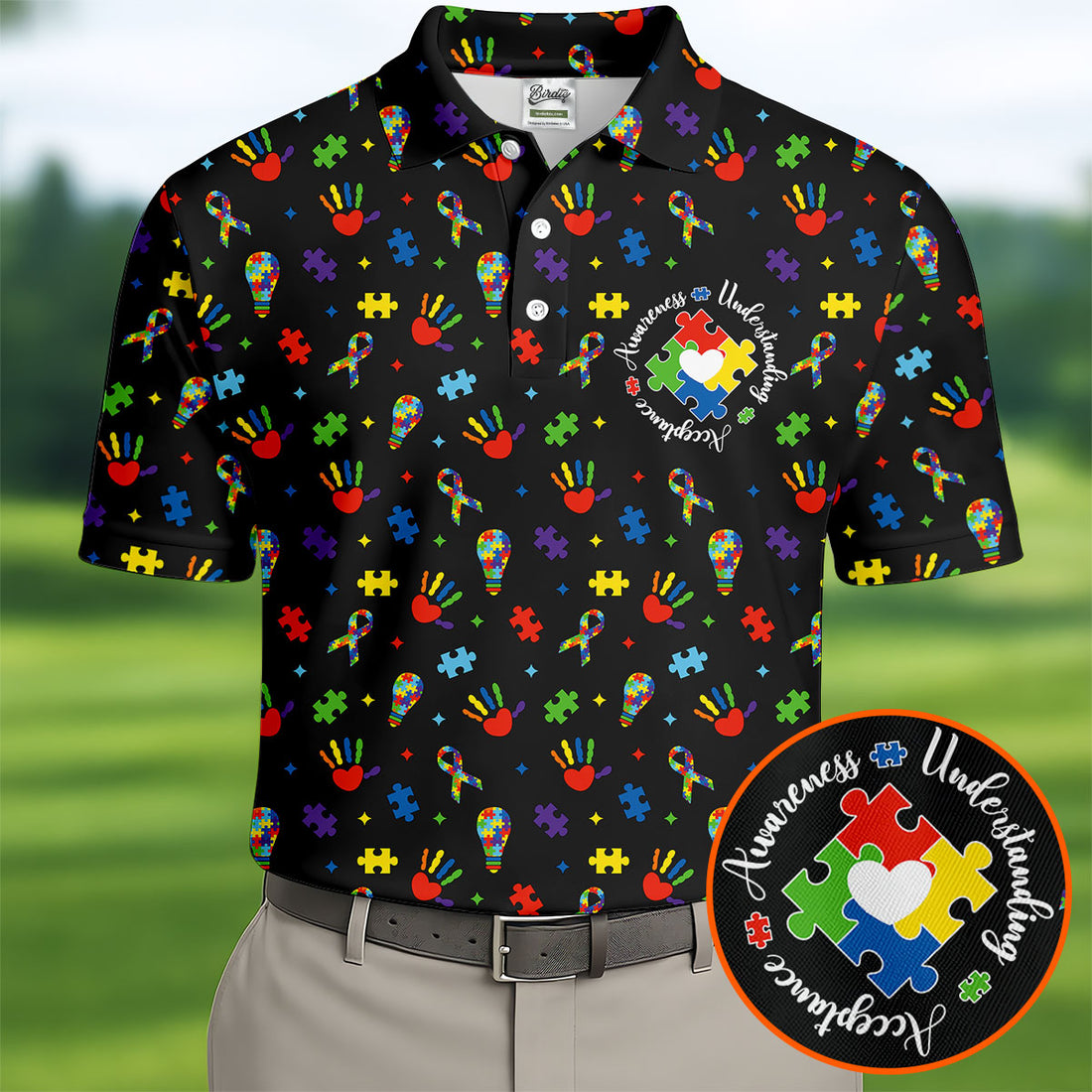 Awareness Understanding Acceptance Autism Ribbon Black Golf Shirt, Autism Awareness Colors Golf Shirts For Men