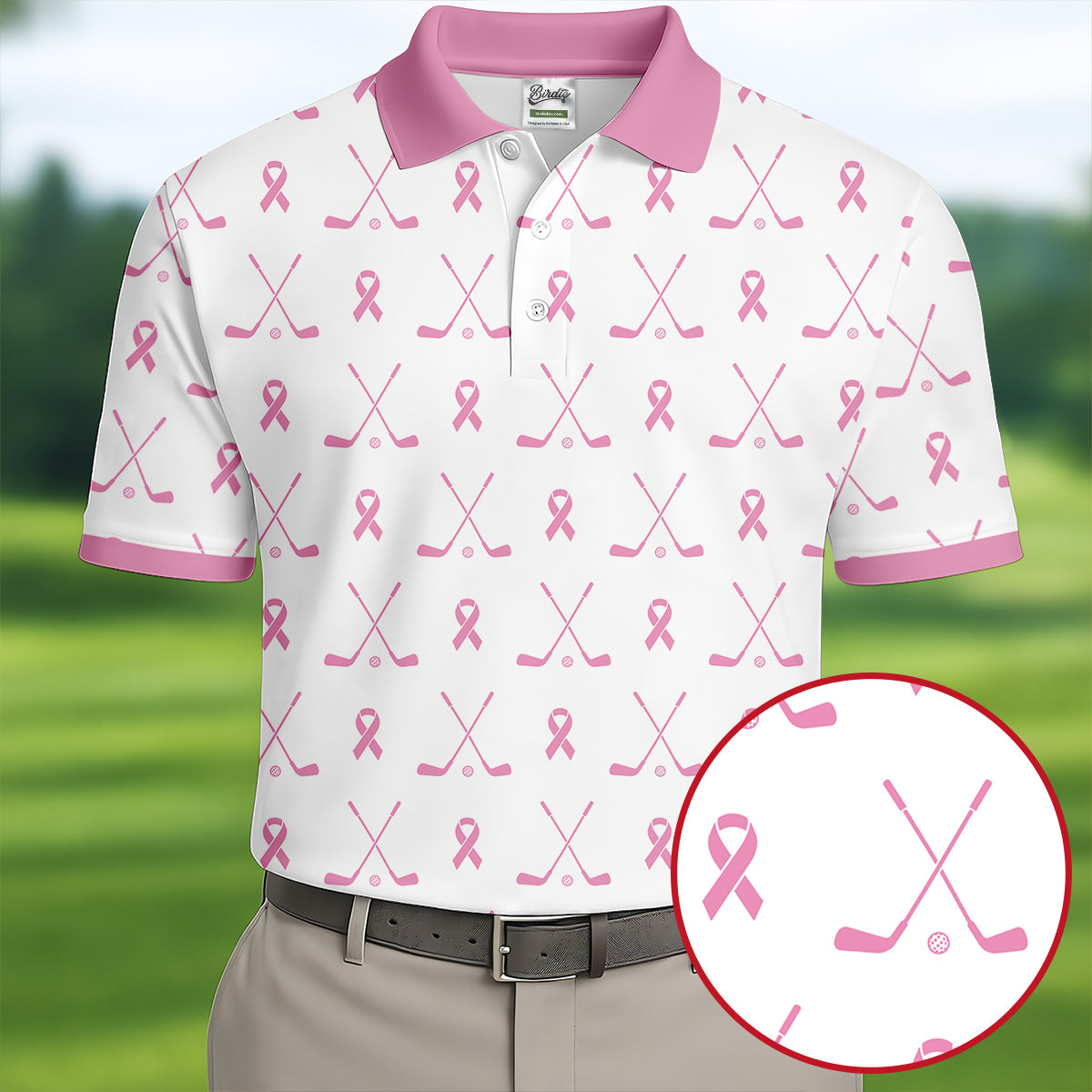 Pink Ribbon Golf Clubs Breast Cancer Polo Shirt, Golf Shirts For Men, Mens Golf Apparel