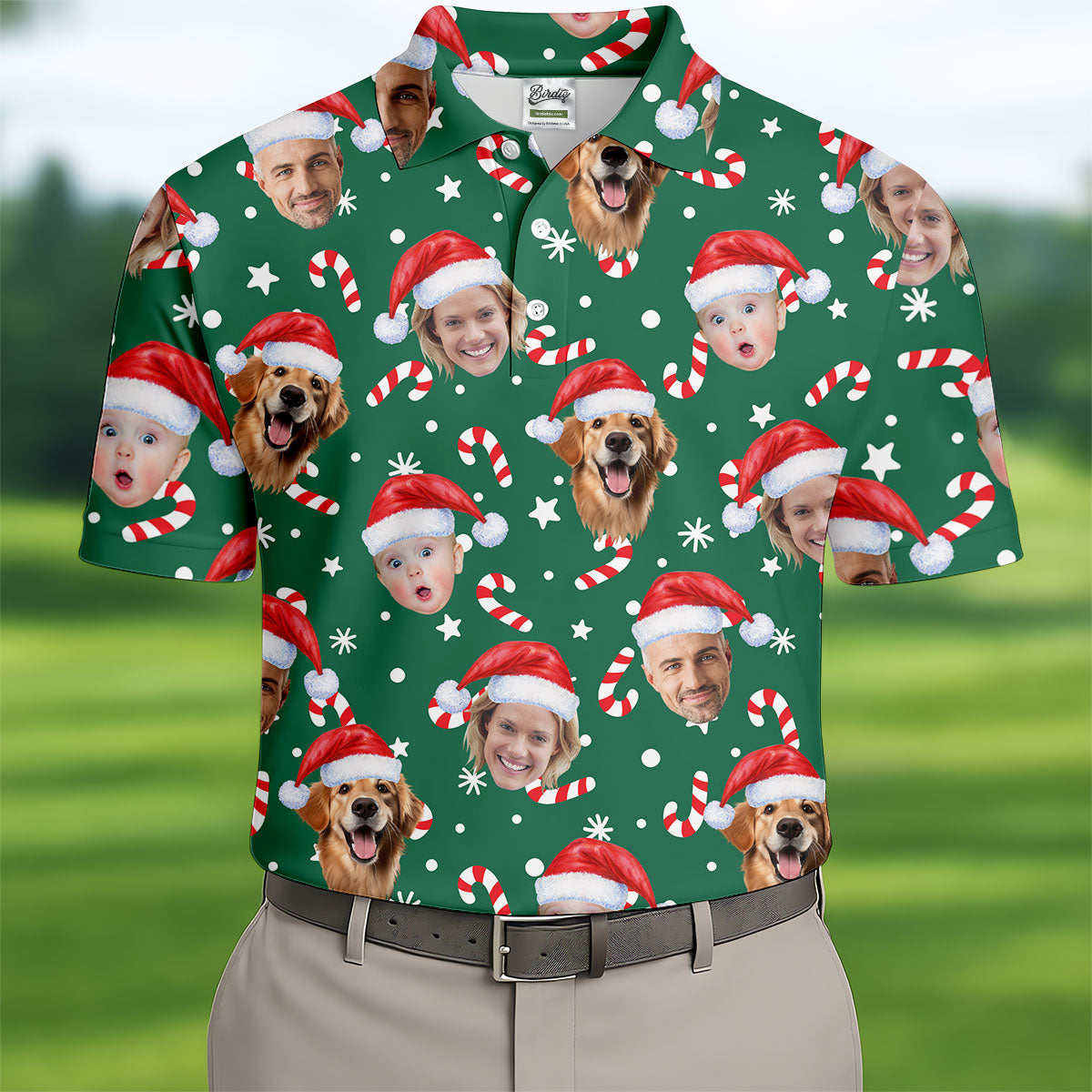 Custom Face Candy Cane Pattern Green Golf Shirt, Christmas Golf Shirt, Polo Shirts For Men, Golf Gift For Men