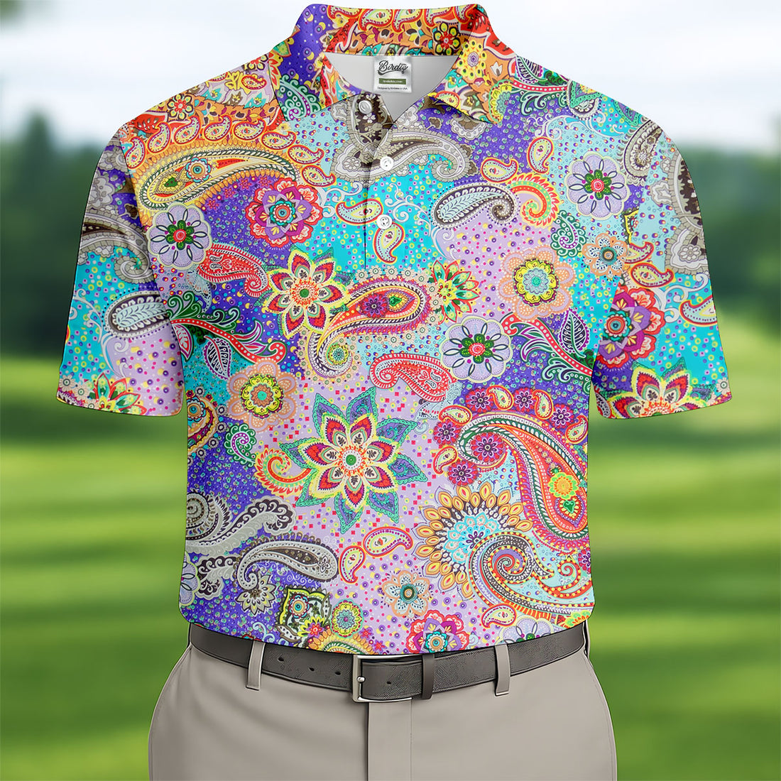 Vibrant Paisley Floral Patchwork Golf Polo Shirt, Hawaiian Golf Shirt, Mens Golf Polo