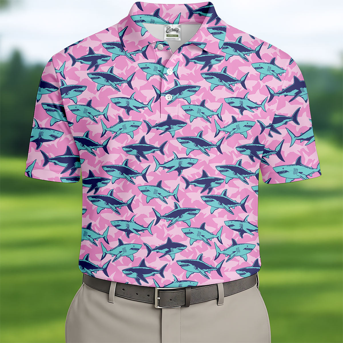 Shark Pattern Hawaiian Golf Shirt, Pink Golf Shirt, Polo Shirts For Men, Golfing Apparel
