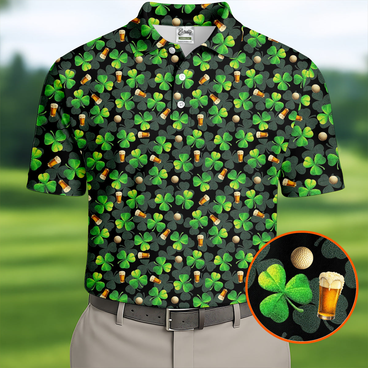 St Patrick's Day Beer Golf Ball Pattern Shamrock Golf Shirt, Polo Shirts For Men, Golf Shirts For Men