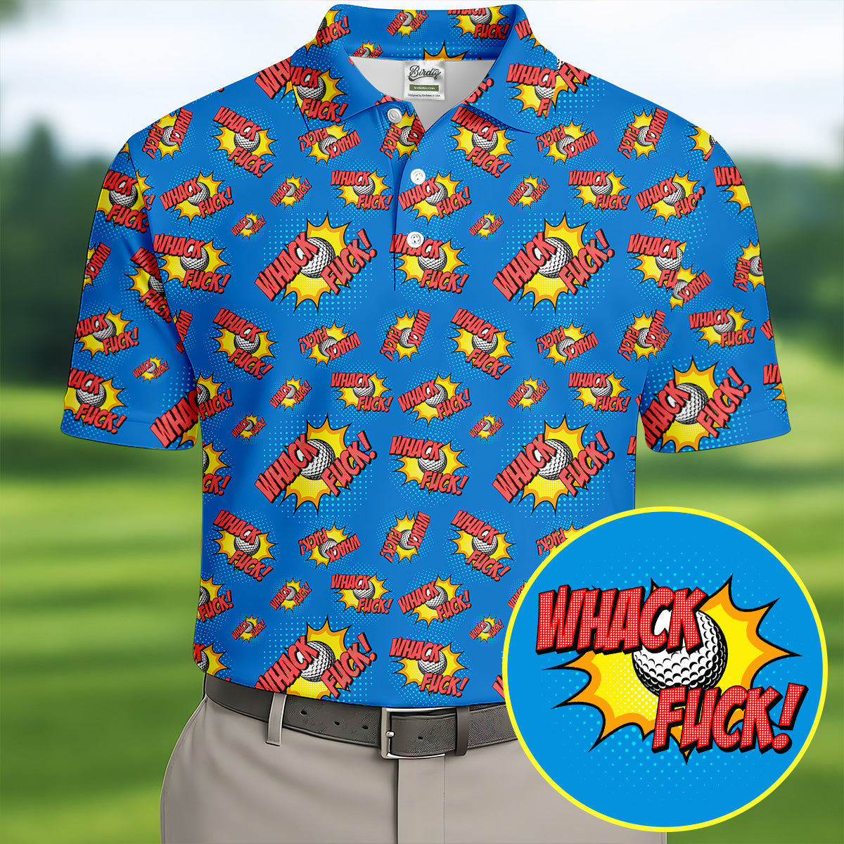 Whack F*ck Comic Golf Ball Blue Polo Shirt, Funny Golf Shirt, Golf Shirts For Men
