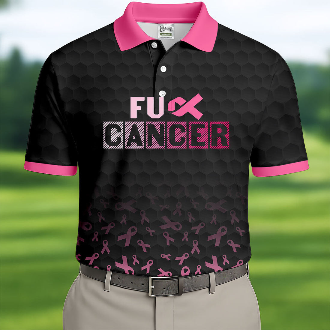 Fuck Cancer Black Pink Ribbon Breast Cancer Polo Shirt, Men's Golf Shirt, Mens Golf Polo