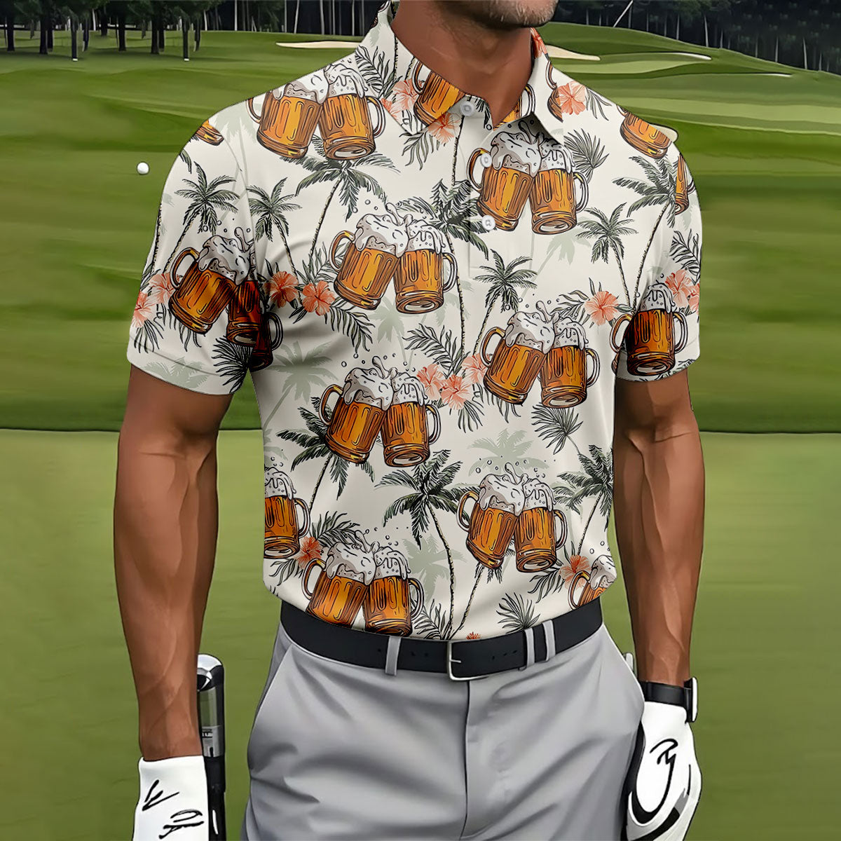 Tropical Palm Trees and Frosty Beer Mug Hawaiian Golf Polo, Golf Tops For Men, Golfing Apparel