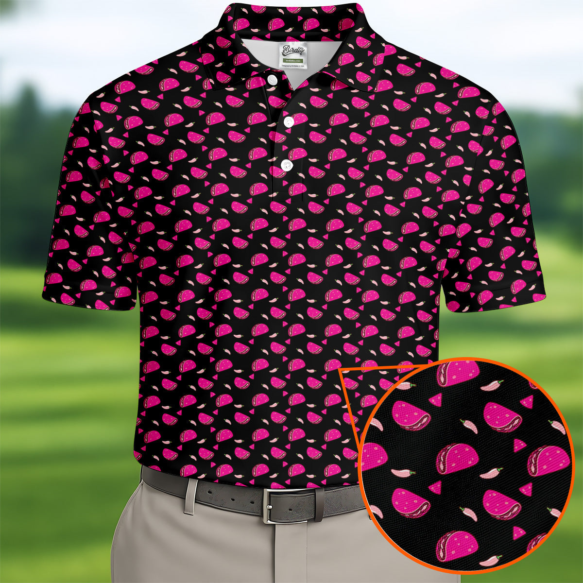 The Pink Taco Seamless Pattern Black Golf Shirt, Golf Tops For Men, Tacos Lover Golf Gift For Men