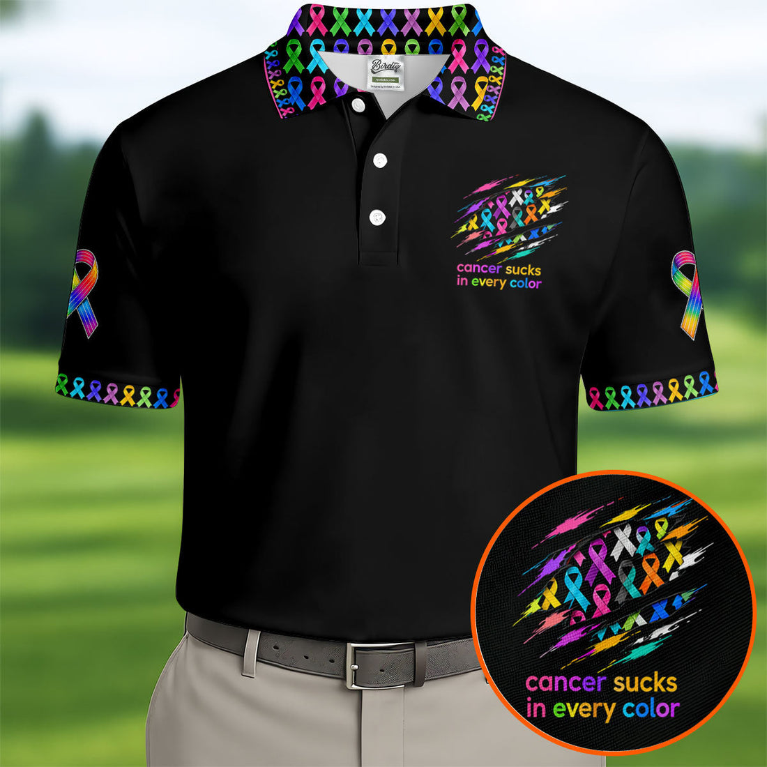 FREE SOCKS Cancer Sucks In Every Color Awareness Ribbon Polo Shirt, Golf Polo Shirts For Men