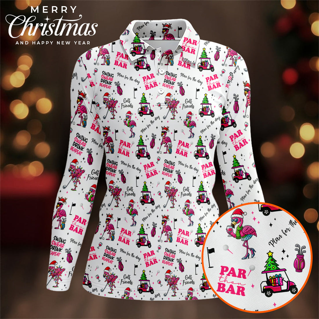Christmas Flamingo Par Then Bar Women's Golf Shirts, Christmas Golf Shirt, Ladies Golf Shirts, Women's Golf Gifts
