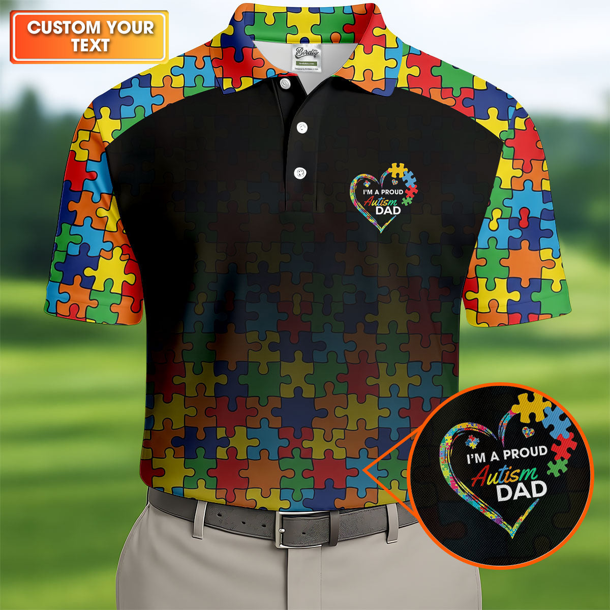 I'm A Proud Autism Dad Autism Awareness Puzzle Pattern Black Fade Golf Shirts For Men, Golf Gifts For Dad