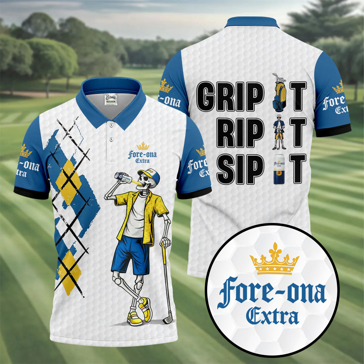 Fore-Ona Extra Blue Yellow Skeleton Golfer Beer Polo Shirt, Mens Golf Polo, Golf Apparel For Men