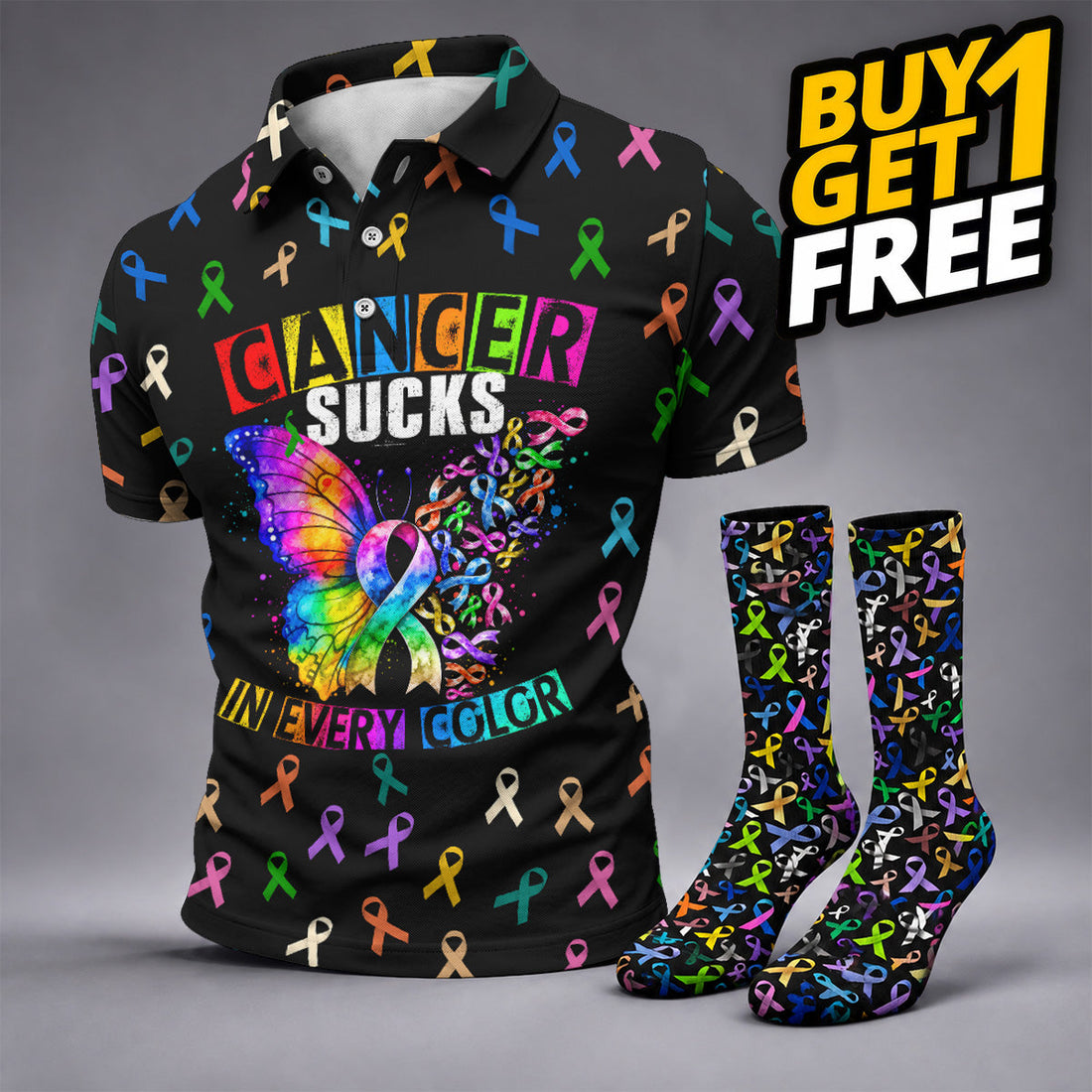 FREE SOCKS Cancer Sucks In Every Color, Cancer Awareness Polo Shirt, Golf Shirts For Men, Mens Golf Polo