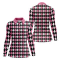 Black Pink Argyle Womens Golf Shirts, Ladies Pink Golf Shirt, Womens Golf Polo Shirts, Golf Gift For Womens