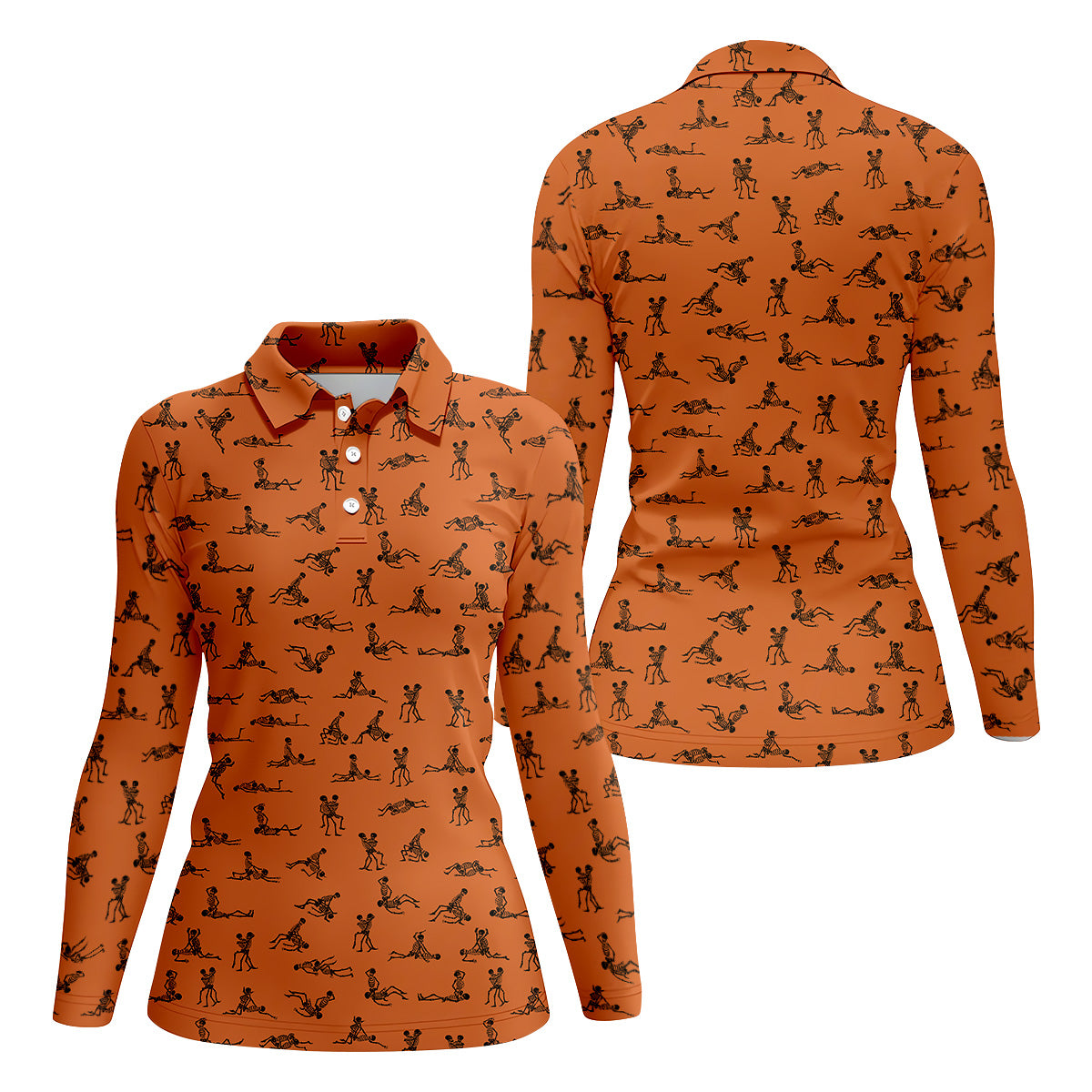 Orange And White Funny Skeleton Couple Golf Shirt, Halloween Gift Idea, Ladies Golf Shirts