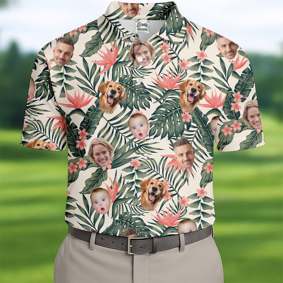 Tropical Floral Pattern Custom Hawaiian Shirts With Face, Men Polo Shirt, Long Sleeve Golf Shirts