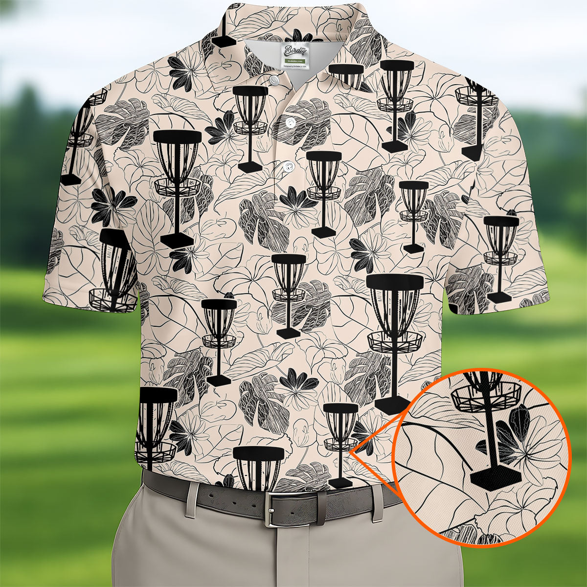 Minimalist Botanical Disc Golf Polo Shirt, Mens Golf Polo, Golf Shirts For Men