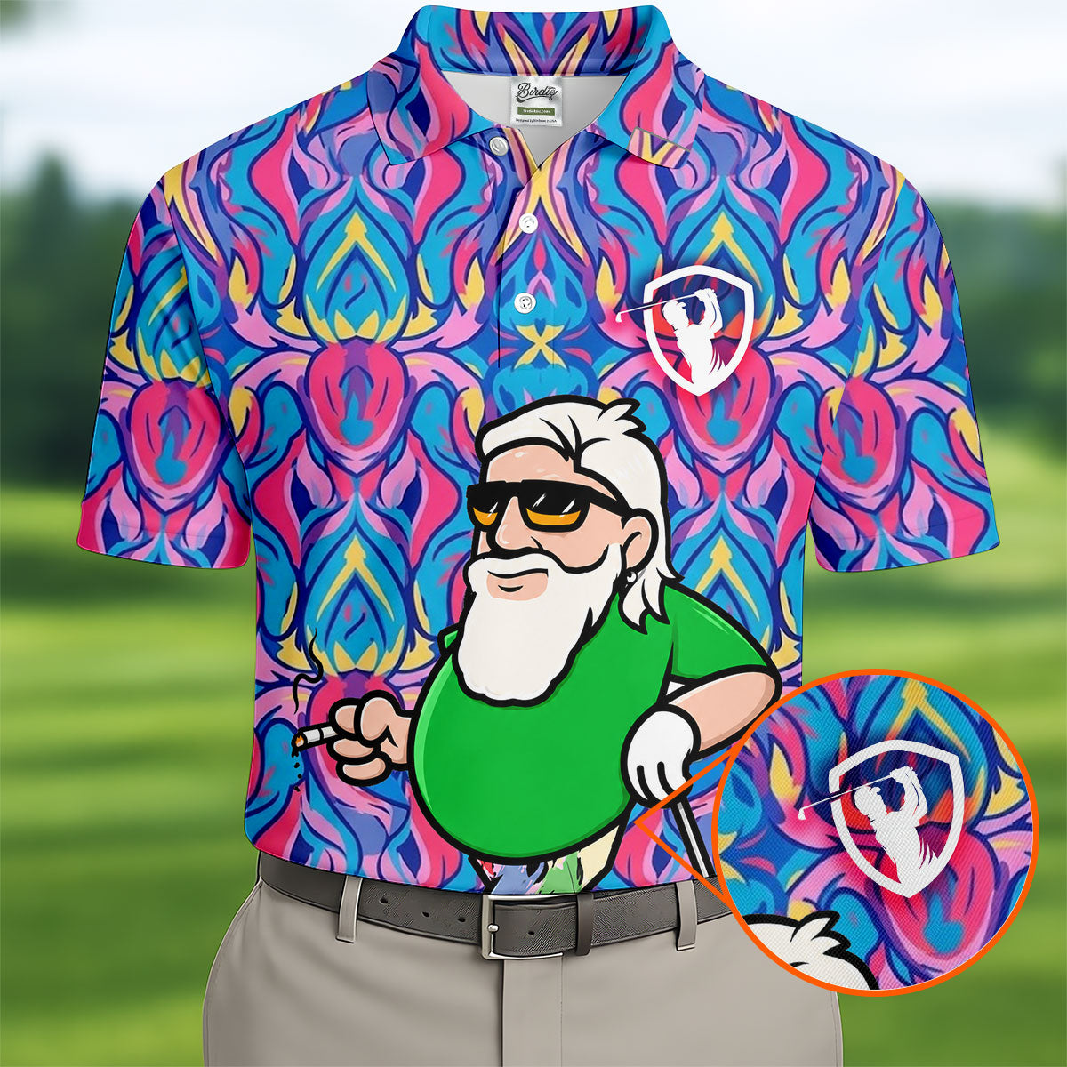 Colorful Psychedelic Santa Golfer Print Men's Golf Shirt, Mens Golf Apparel, Hawaiian Golf Shirt