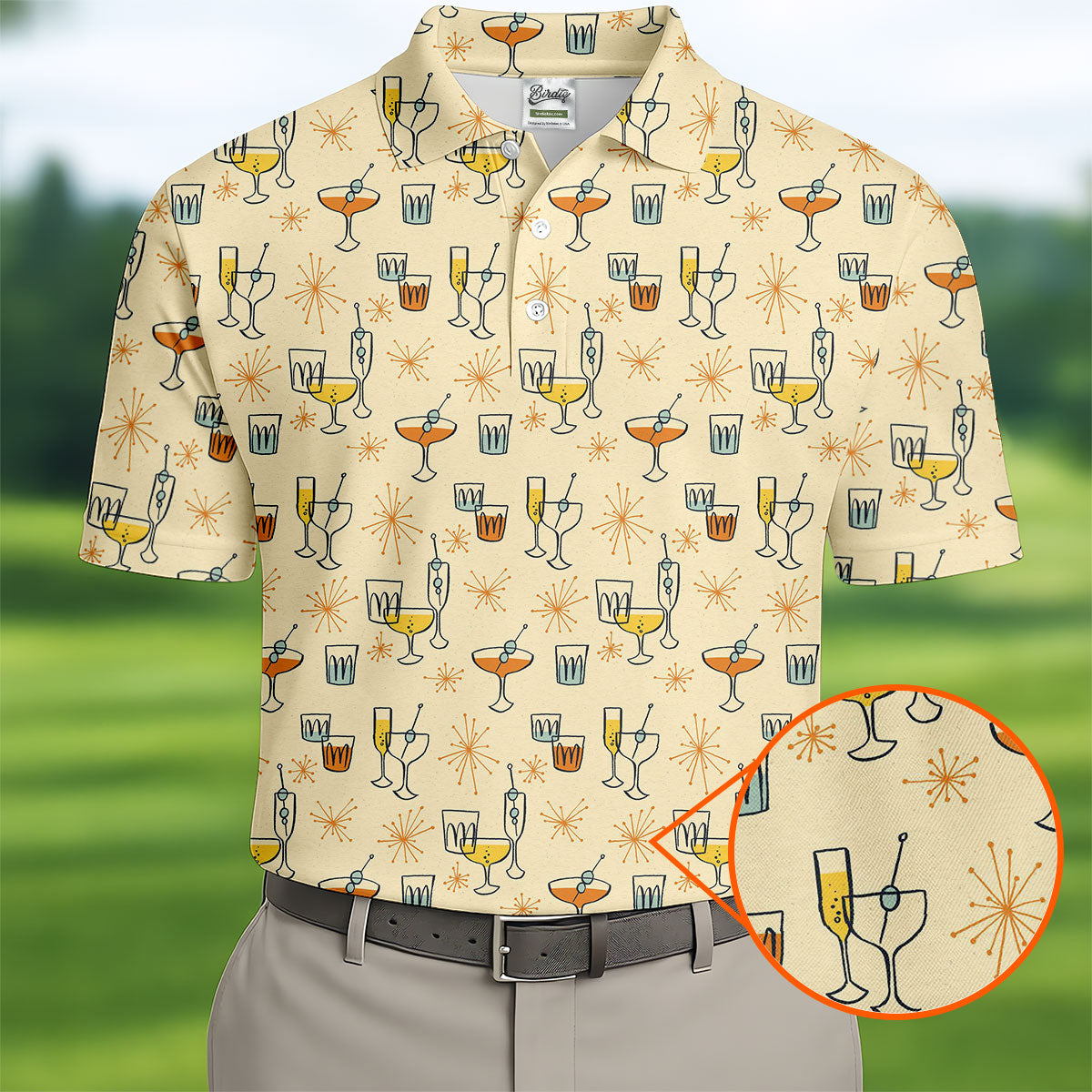 Retro Cocktail Drinks Pattern Golf Polo Shirt, Golf Polo Shirts For Men, Mens Golf Apparel