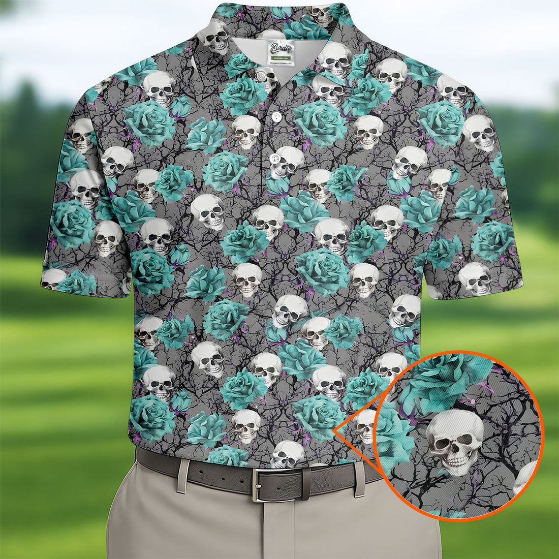 Teal Rose Skull Gothic Pattern Golf Polo Shirt, Mens Golf Shirts, Hawaiian Golf Shirt