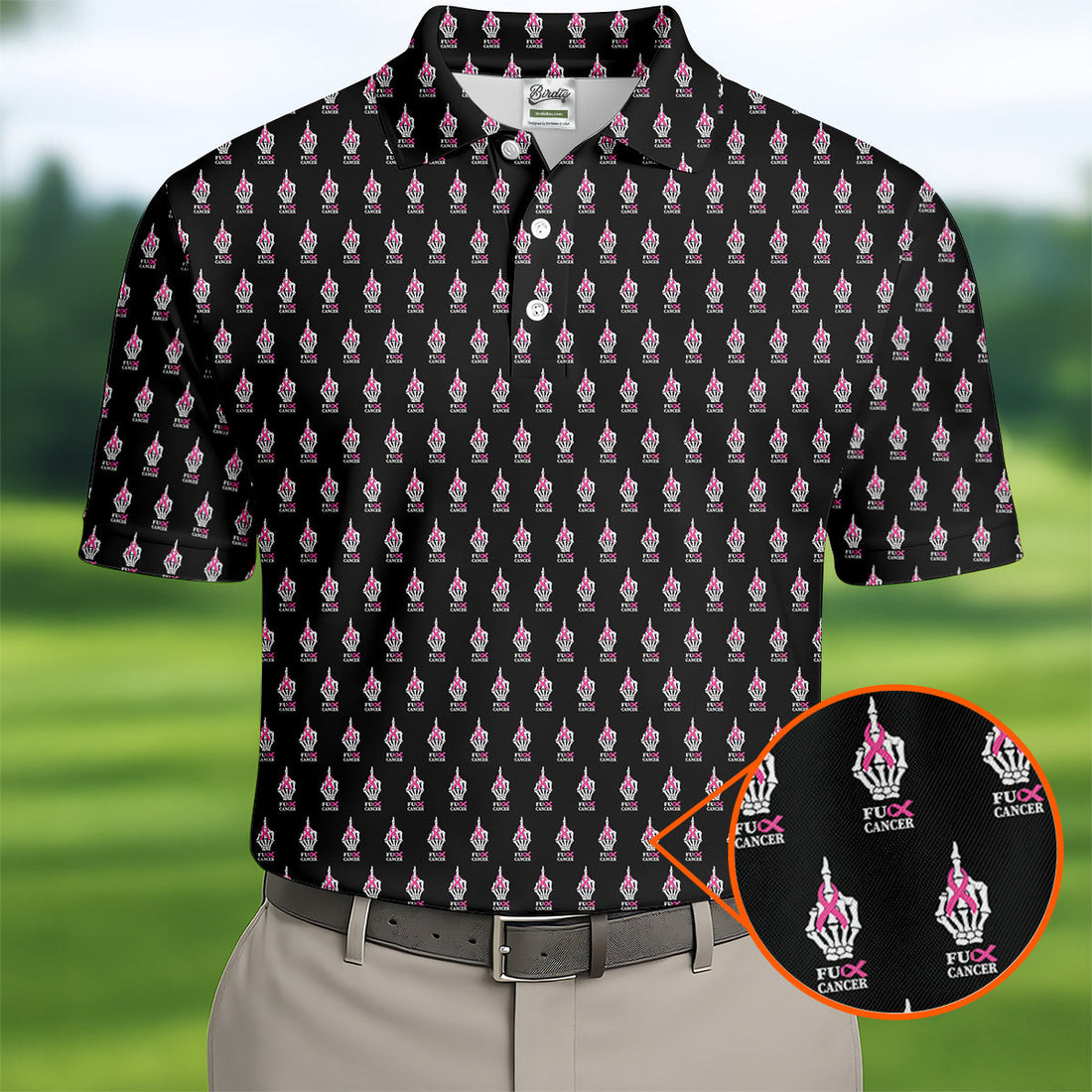 Funny Middle Finger Black Men's Golf Shirt, Fun Golf Shirts For Men, Breast Cancer Support Shirt