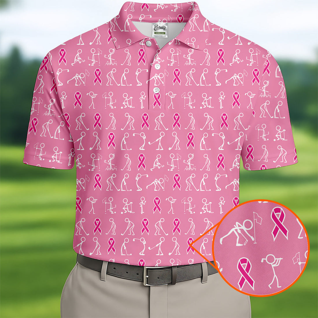 FREE SOCKS Funny Stick Figure Men's Golf Shirt, Breast Cancer Awareness Shirt, Pink Golf Shirt, Golf Shirts For Men