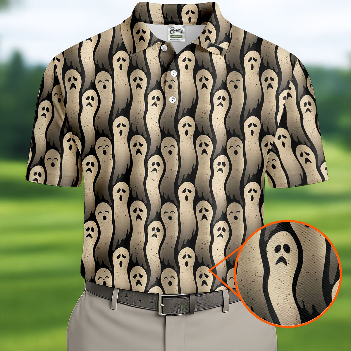 Halloween Ghost Pattern Golf Polo Shirt, Men's Golf Shirts, Hawaiian Golf Shirt