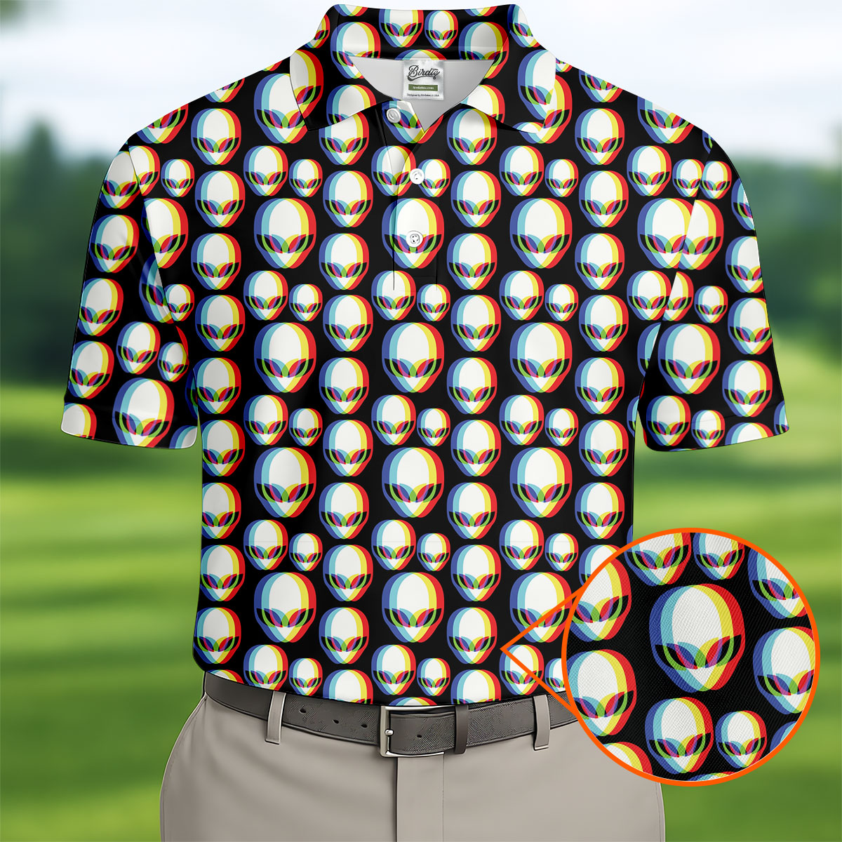 Retro Alien Head Pattern Golf Shirt, Men’s Golf Shirt, Golf Polo Shirts For Men