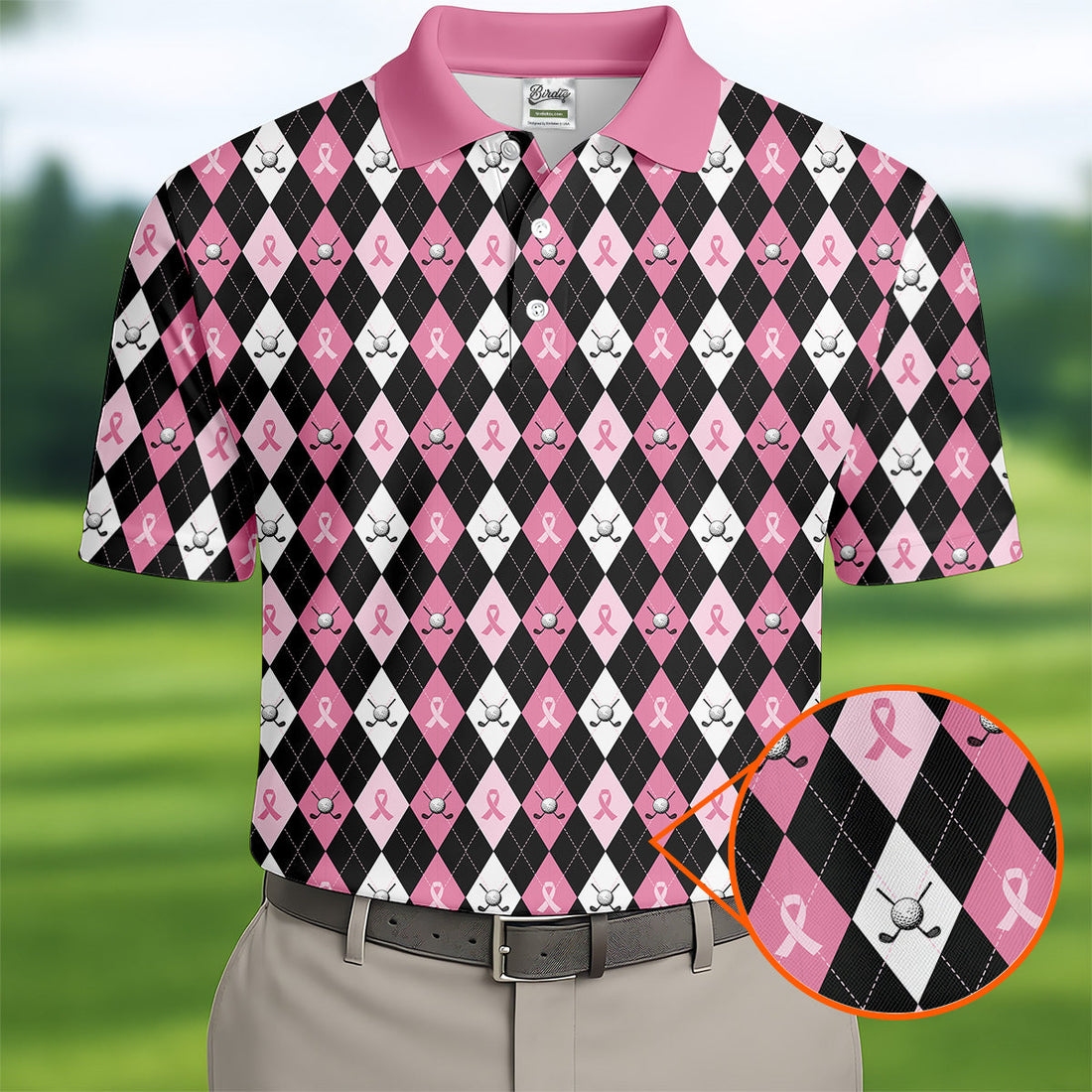 Black Pink Argyle Men's Golf Polo Shirt, Breast Cancer Golf Shirt, Golf Gift For Men, Matching Golf Shirts