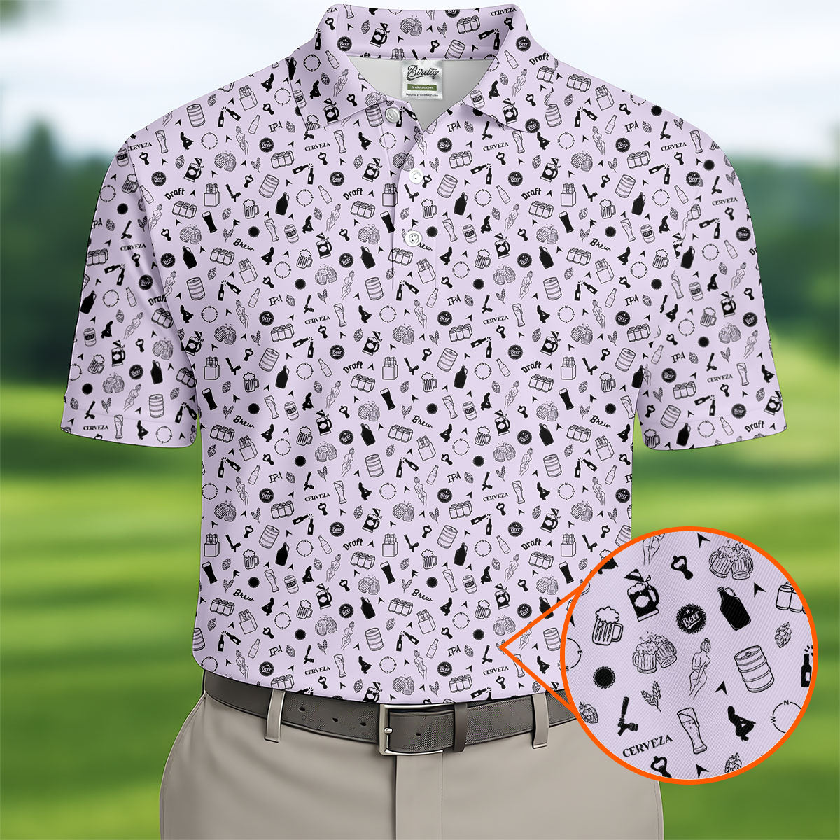 Light Purple Beer Brewing Icons Pattern Polo Shirt, Golf Apparel For Men, Printed Golf Shirts