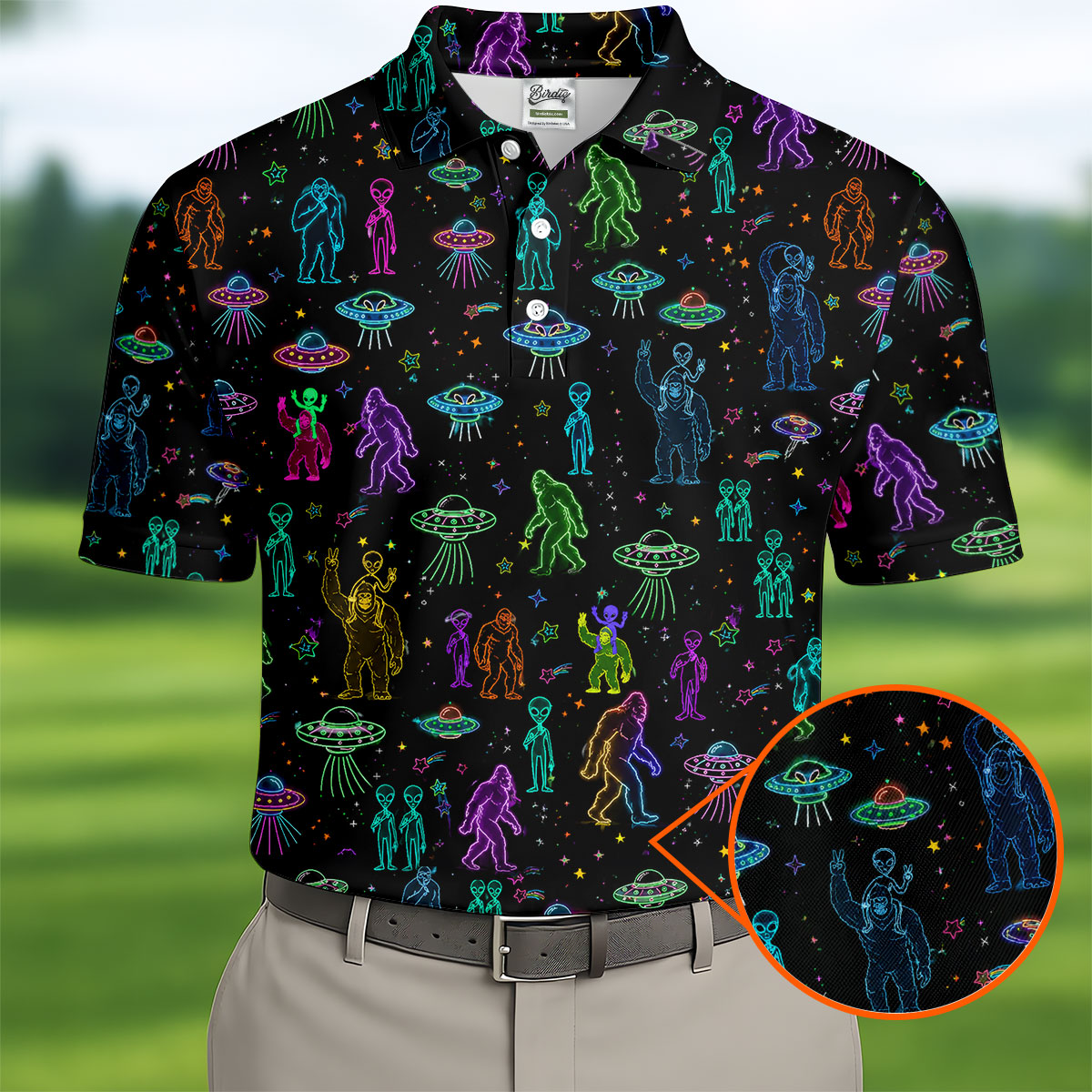 Neon Bigfoot Alien UFO Pattern Golf Polo Shirt, Men's Golf Shirt, Printed Golf Shirts
