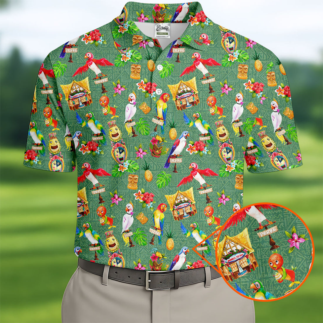 Tropical Tiki Parrot Island Hawaiian Golf Polo Shirt, Golf Shirts For Men, Printed Golf Shirts