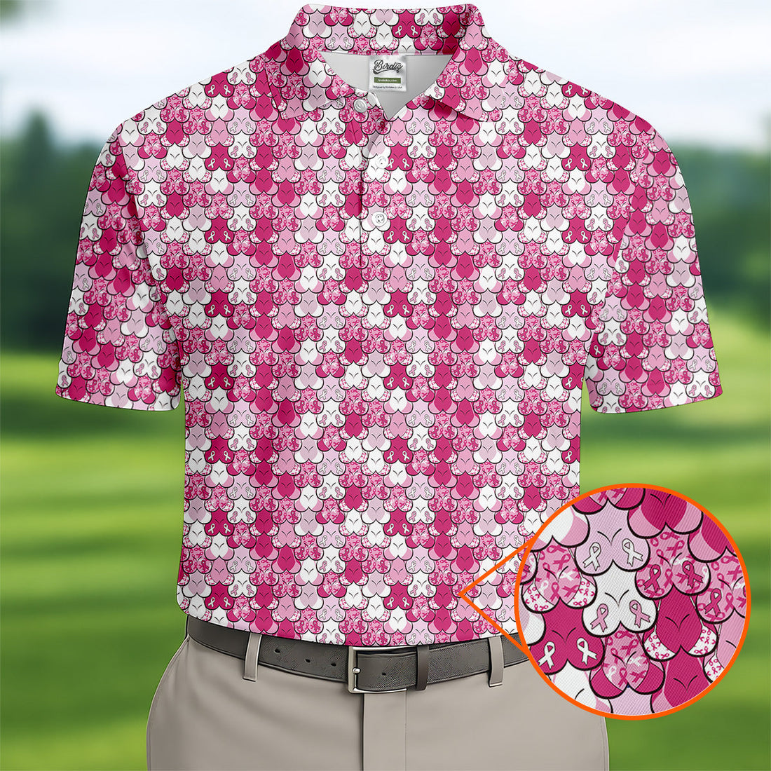 Funny Pink Ribbon Men's Polo Shirt, Breast Cancer Awareness Shirt, Pink Golf Shirt, Men Golf Gift