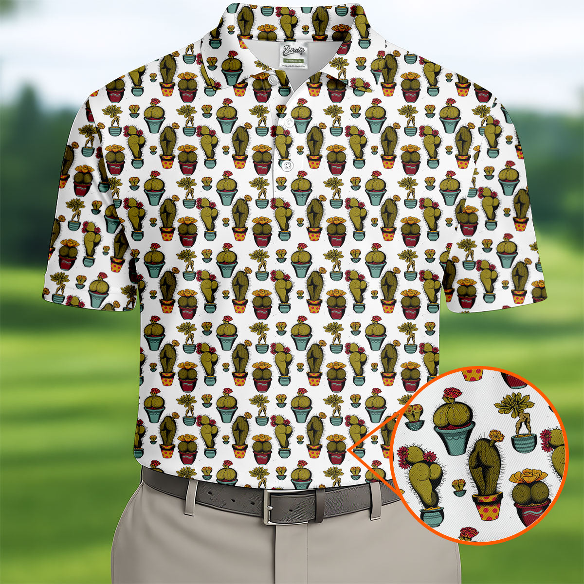 Funny Potted Cactus Pattern Men's Golf Polo Shirt, Adult Humor Golf Apparel For Men, Printed Golf Shirts