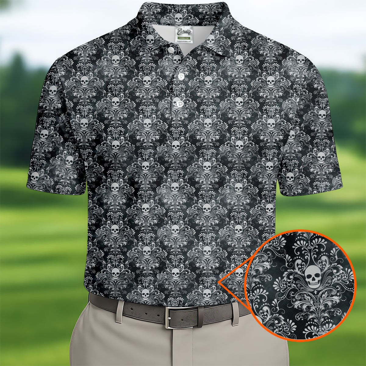 Skull Damask Charcoal Grey Gothic Floral Golf Tops For Men, Polo Shirts For Men, Golf Shirts For Men