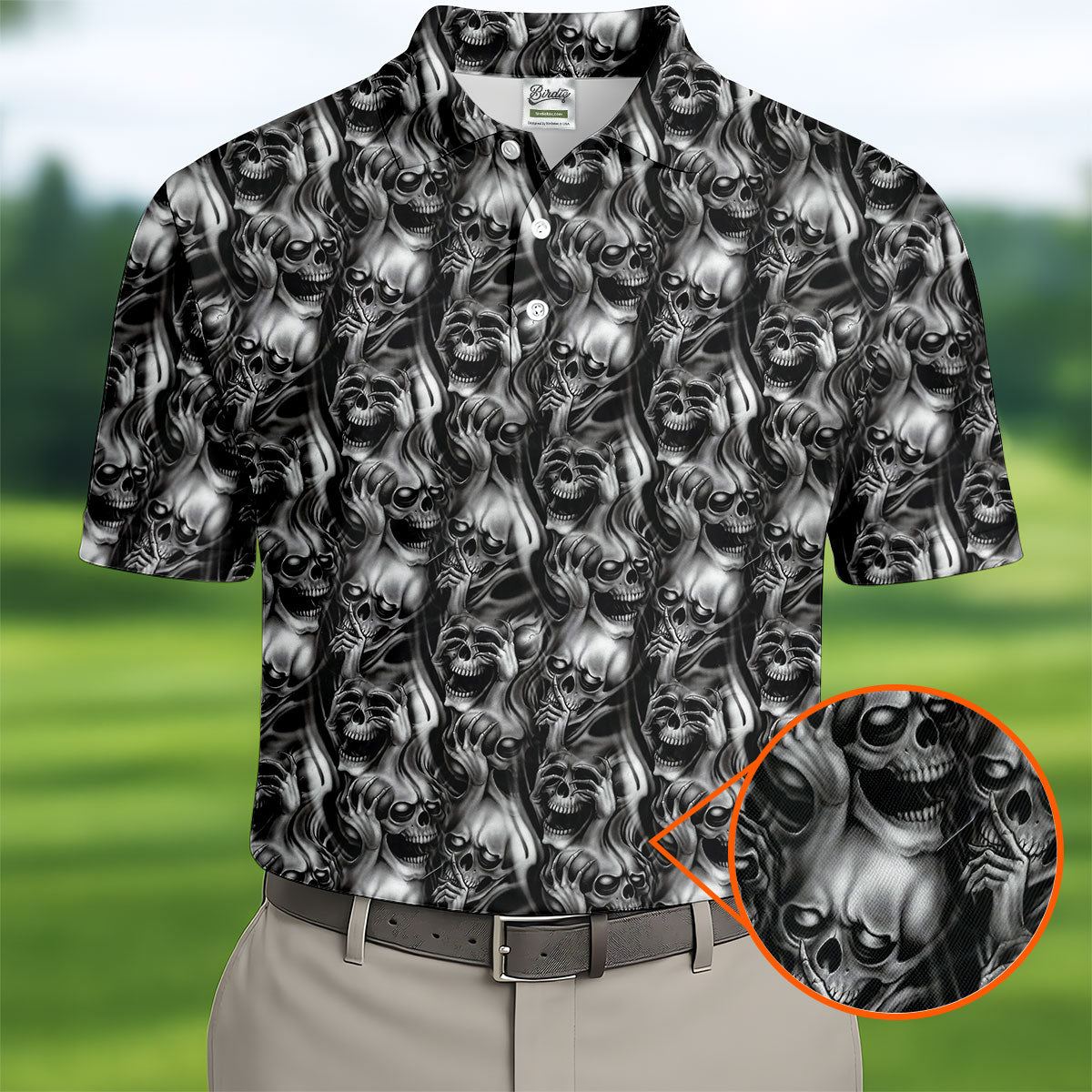 Dark Grim Reaper Skull Pattern Golf Polo Shirt, Mens Golf Polo, Golf Apparel For Men