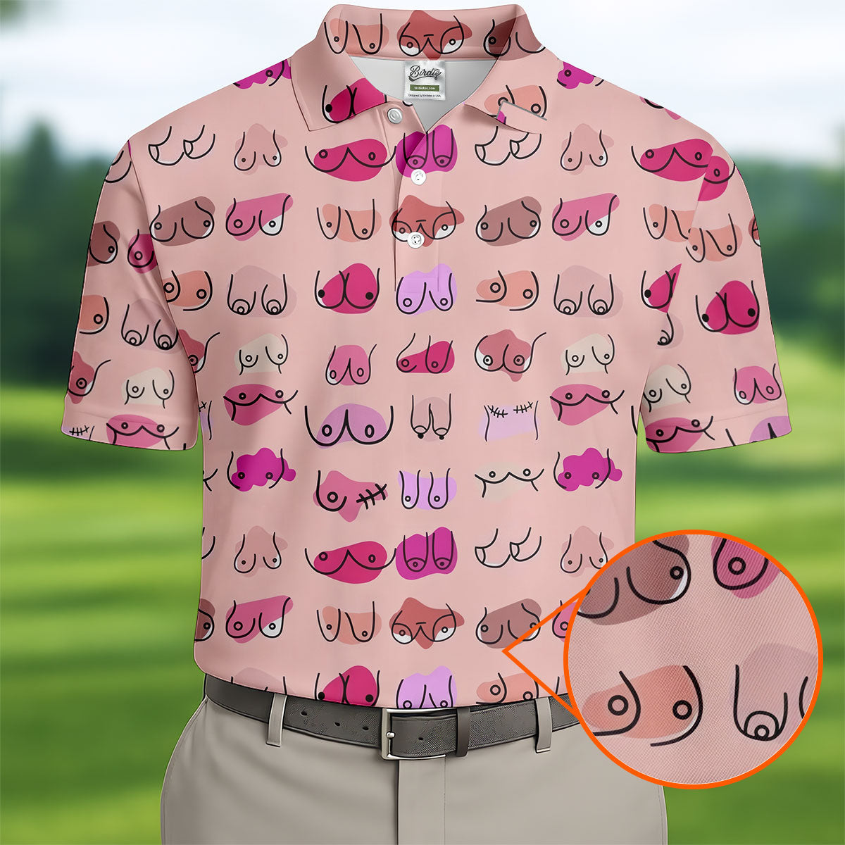 Pink Funny Boob Pattern Golf Polo Shirt, Men's Golf Shirts, Printed Golf Shirts