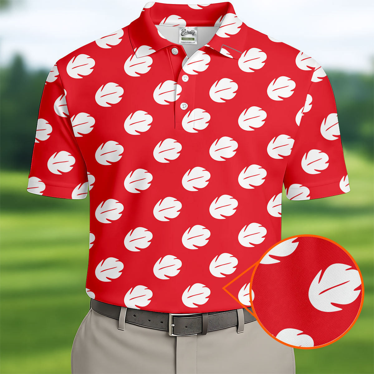 Red Tropical Leaf Hawaiian Golf Shirt, Mens Golf Polo, Golf Shirts For Men