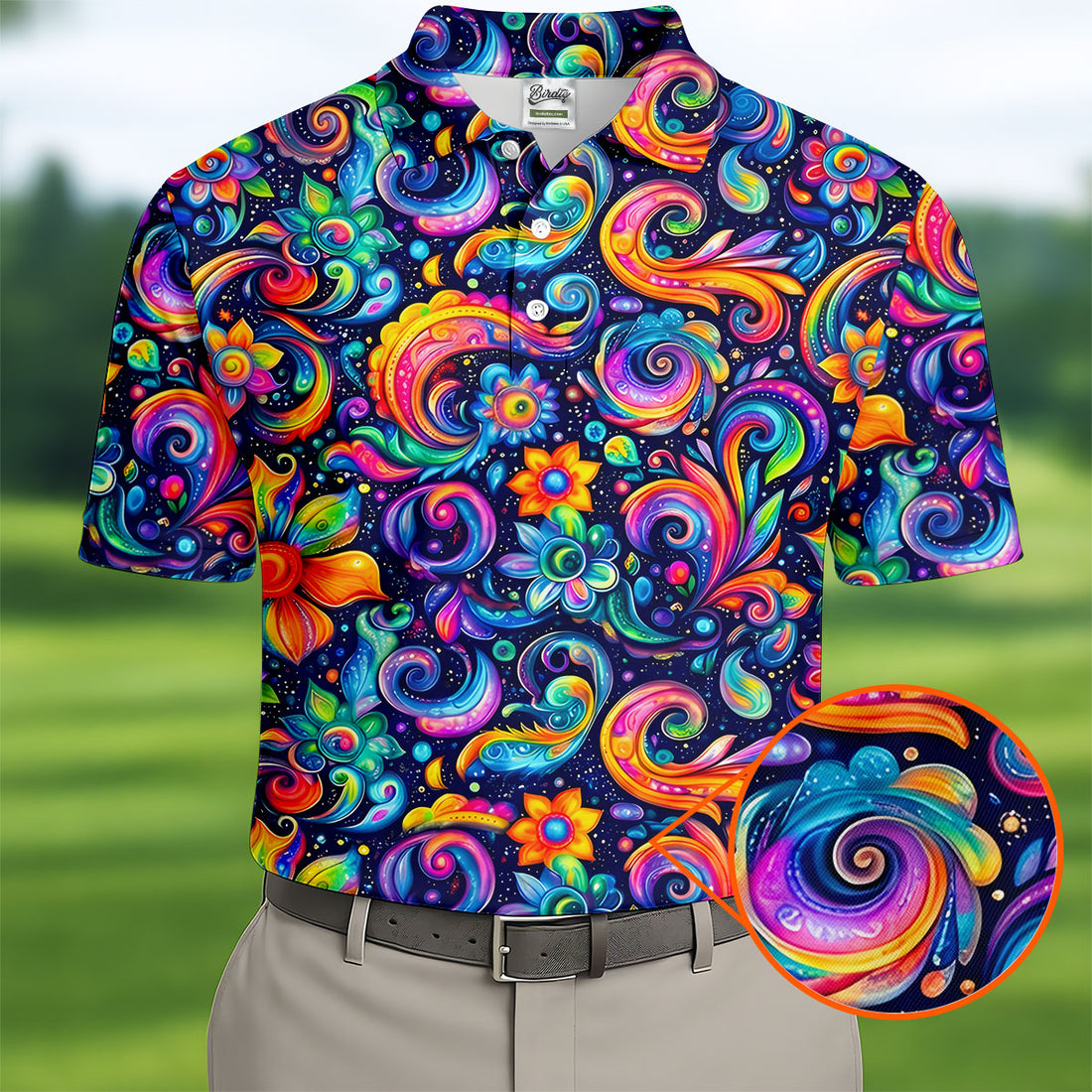 Colorful Psychedelic Swirl Floral Hawaiian Golf Shirt, Mens Golf Shirts, Golf Apparel For Men