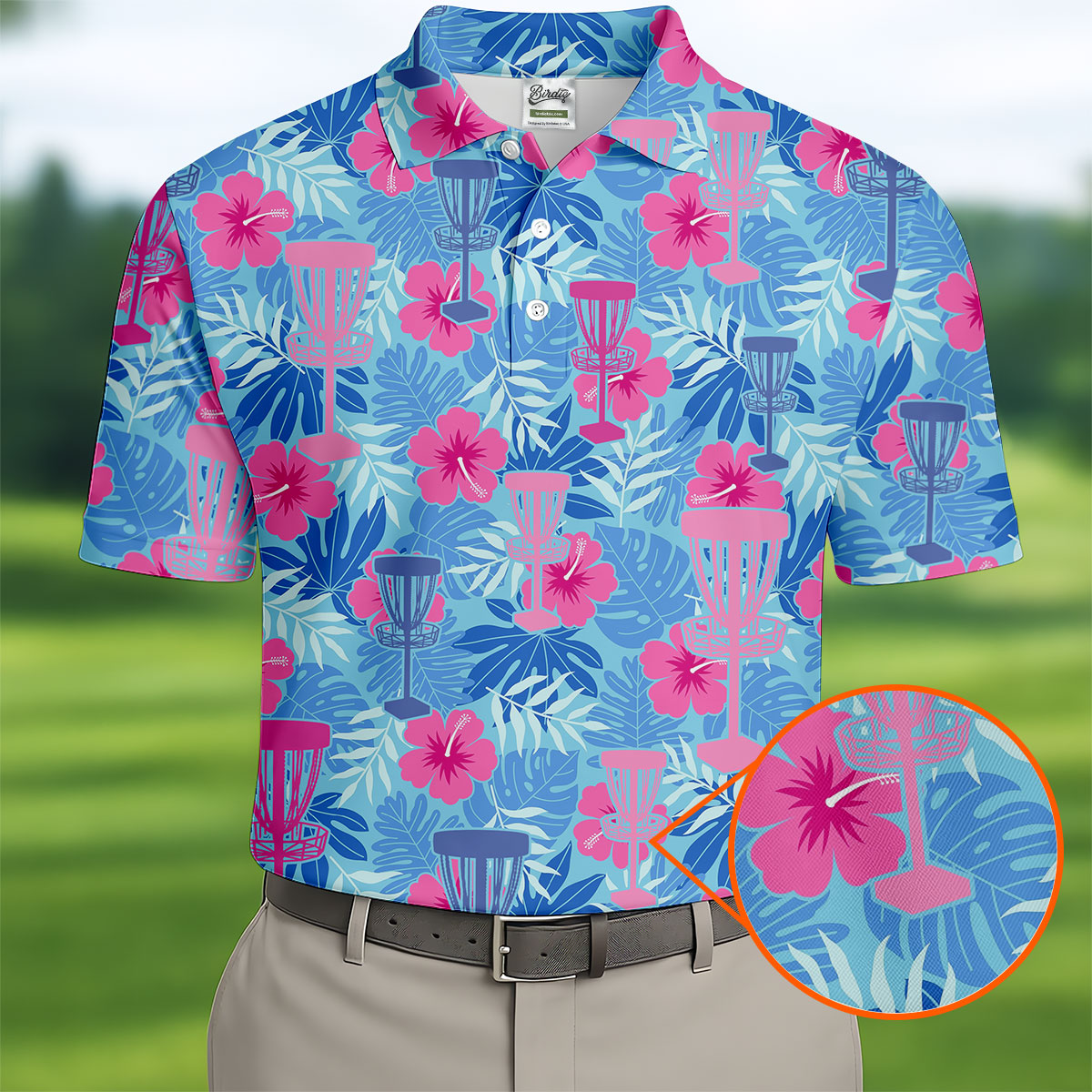 Blue Hibiscus Disc Golf Polo Shirt, Hawaiian Golf Shirt, Mens Golf Shirts