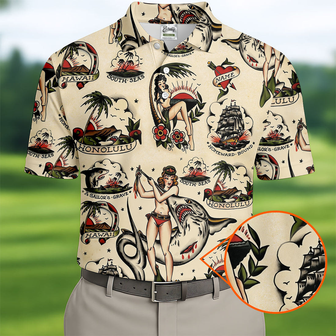 Vintage Hawaiian Pin Up Shark Tattoo Golf Shirt, Hawaiian Golf Shirt, Mens Golf Apparel