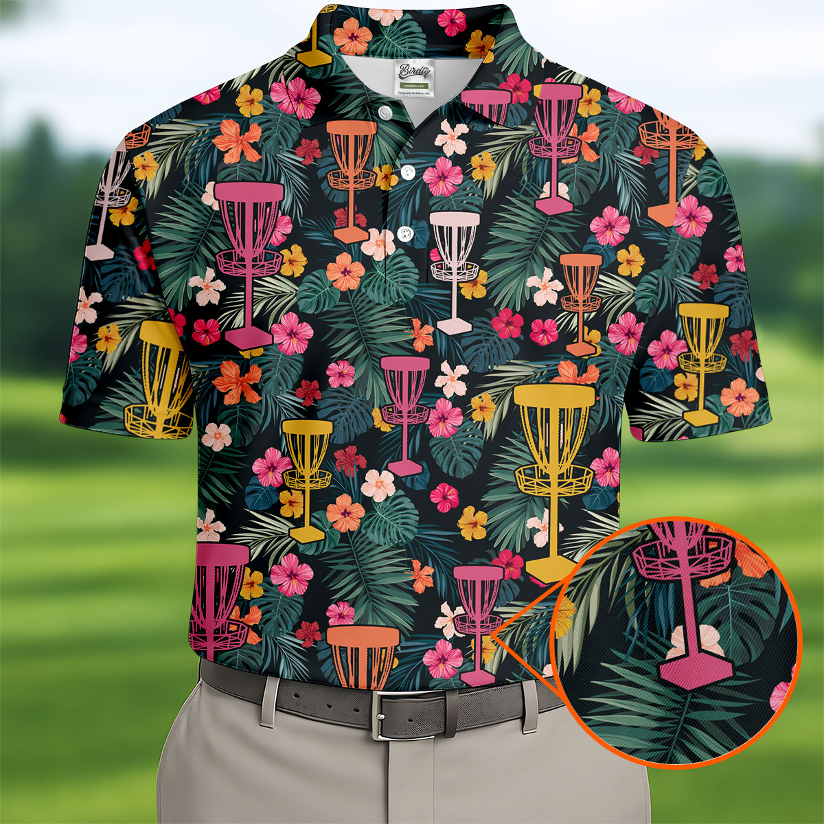 Dark Tropical Disc Golf Basket Polo Shirt, Printed Golf Shirts, Golf Apparel For Men