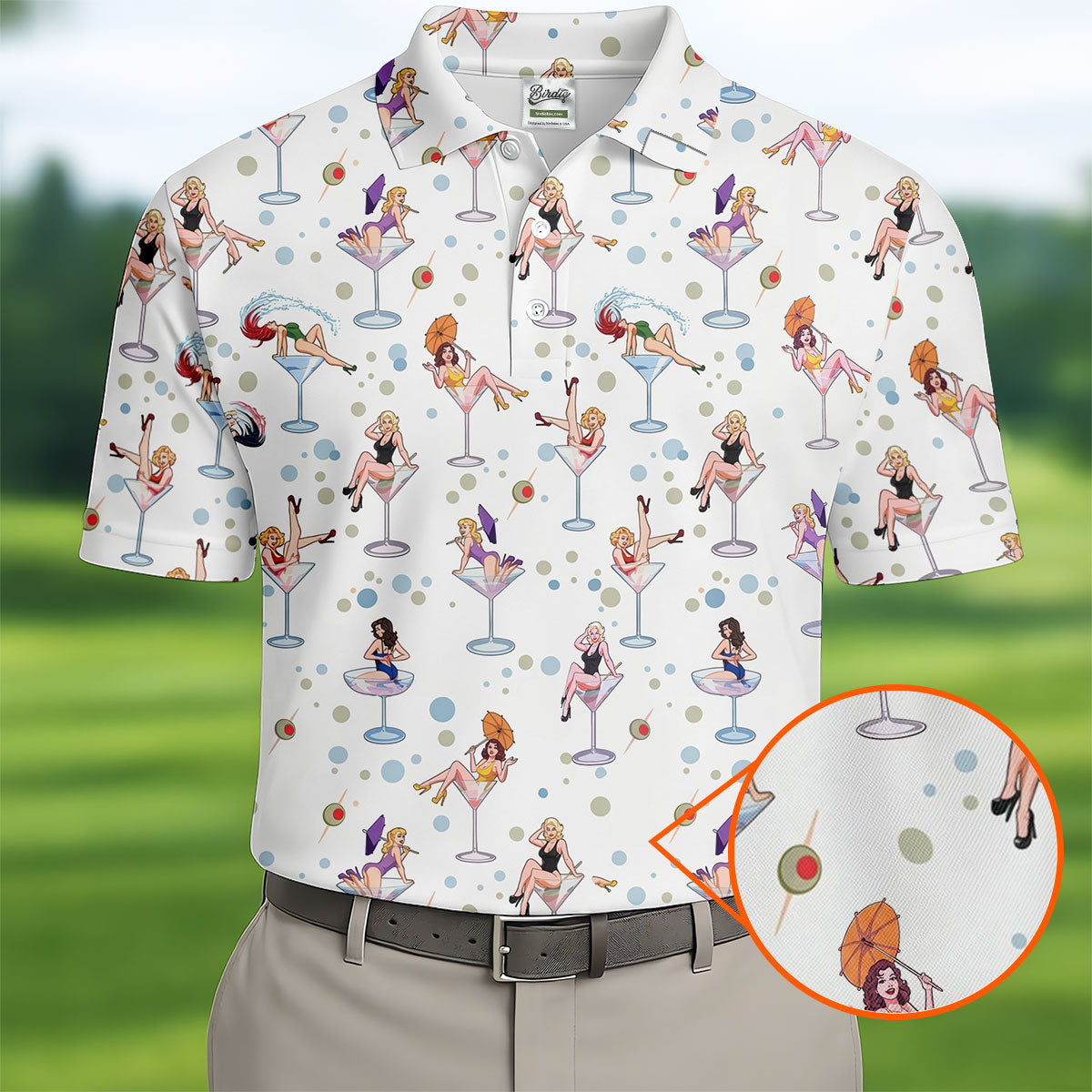 Retro Pin Up Martini Cocktail Hawaiian Golf Shirt, Golf Shirts For Men, Hawaiian Golf Shirt