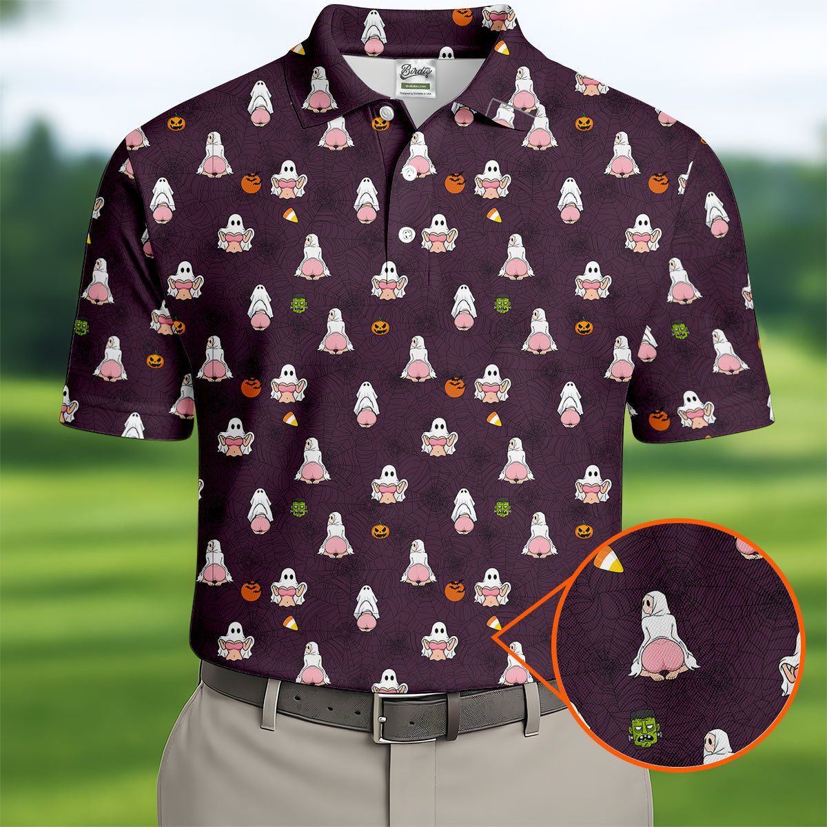 Cute Ghost Butt Halloween Pattern Golf Polo Shirt, Mens Golf Polo, Printed Golf Shirts