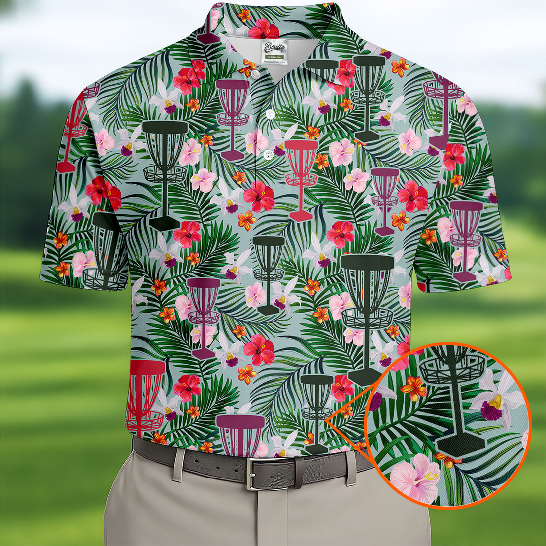 Tropical Disc Golf Basket Floral Polo Shirt, Hawaiian Golf Shirt, Golf Polo Shirts For Men