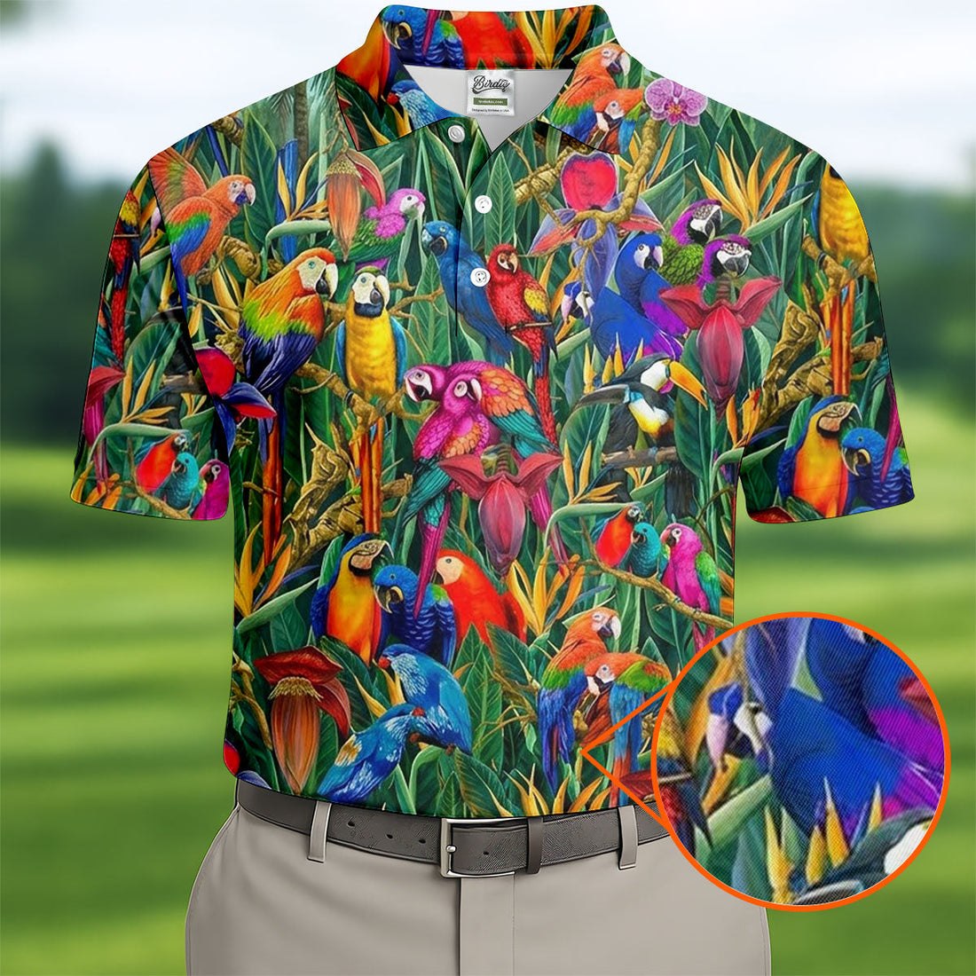 Tropical Colorful Parrots Rainforest Bird Print Golf Polo, Hawaiian Golf Shirt, Printed Golf Shirts