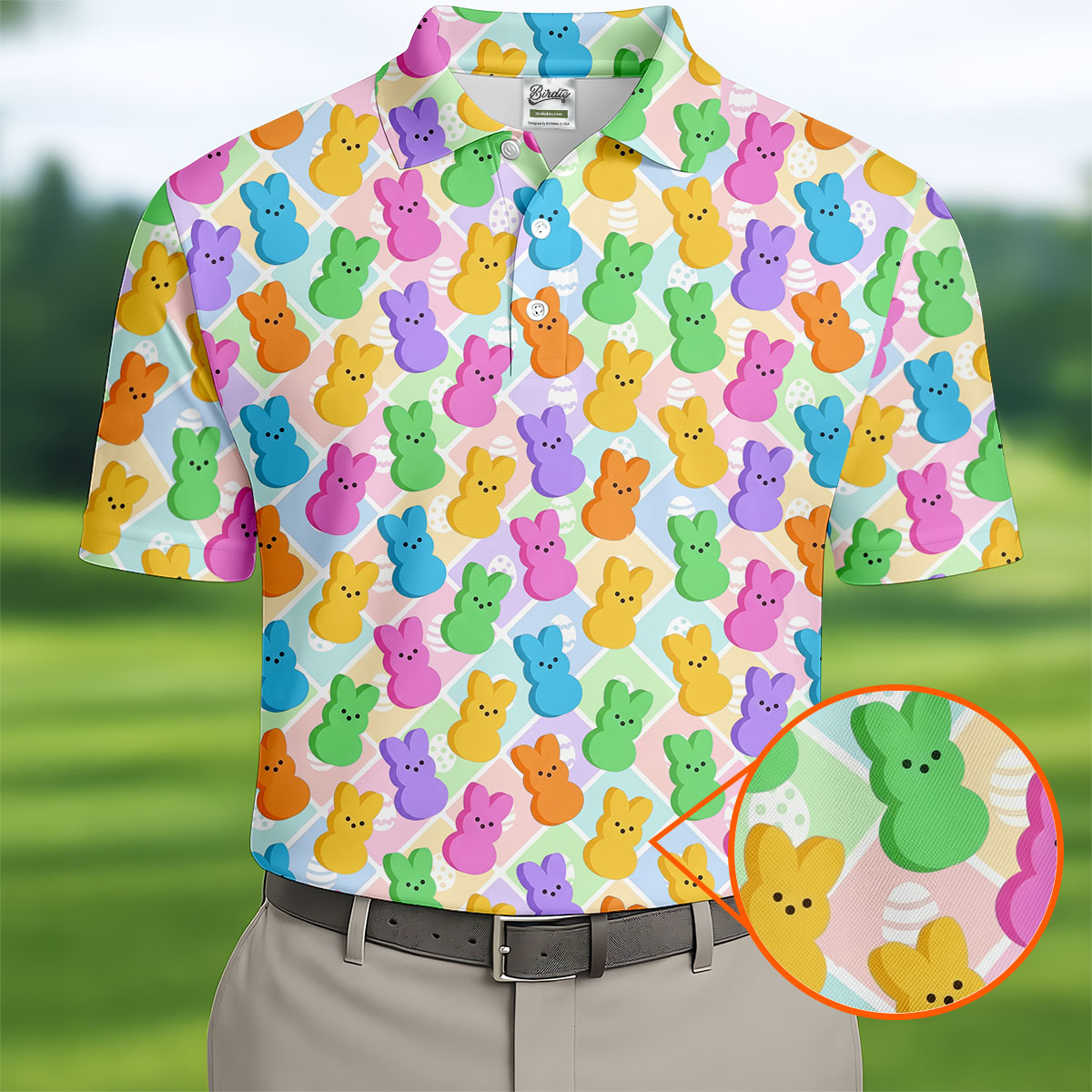 Pastel Easter Peeps Colorful Checkered Golf Shirts For Men, Cute Golf Outfit, Polo Shirts For Men
