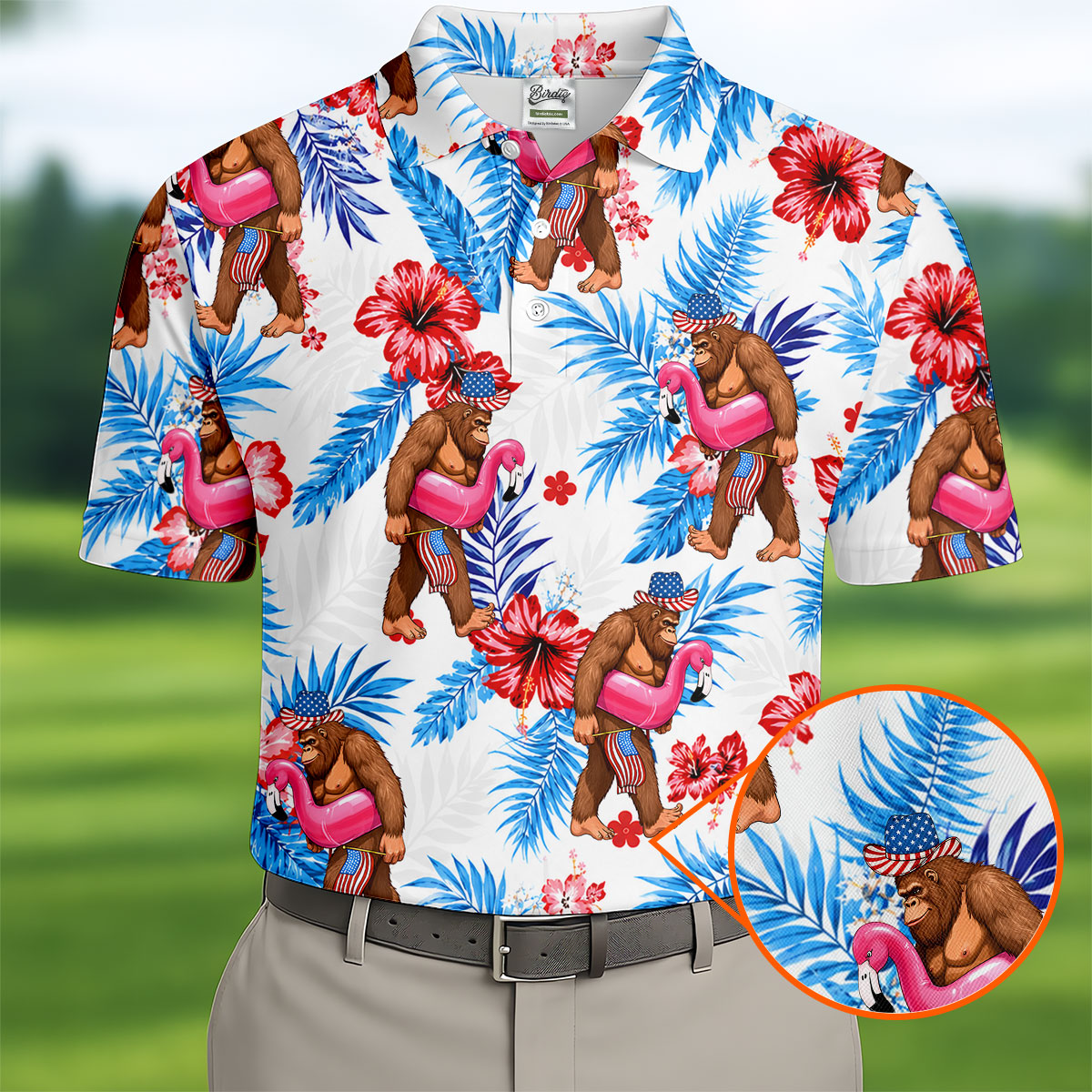 Bigfoot Flamingo Float Tropical Hawaiian Golf Shirt, Hawaiian Golf Shirt, Mens Golf Shirts