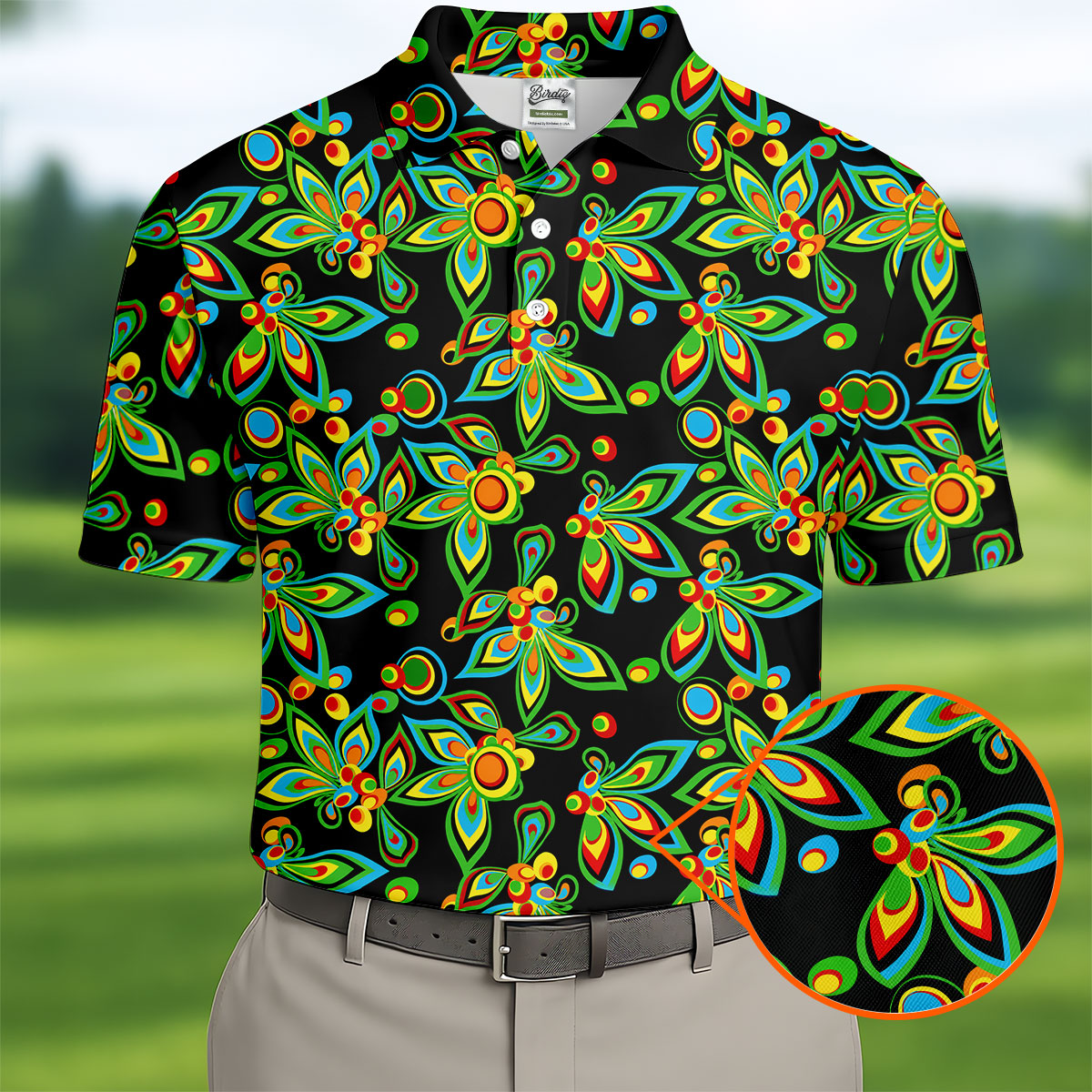 Black Colorful Floral Geometric Pattern Golf Shirt, Men's Golf Shirt, Golf Apparel For Men, Polo Shirts For Men