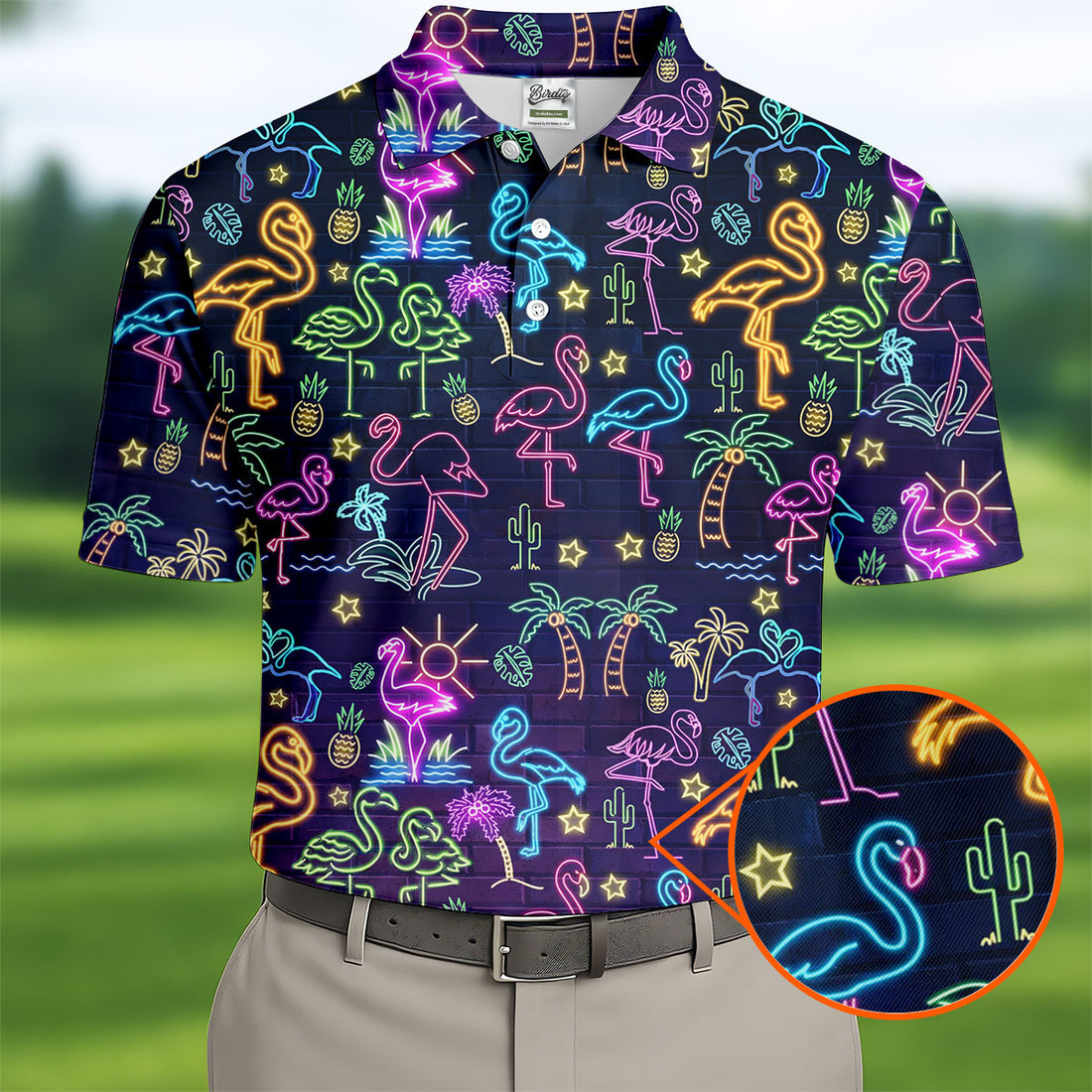 Neon Flamingo Tropical Night Golf Shirt, Golf Polo Shirts For Men, Hawaiian Golf Shirt, Mens Golf Apparel