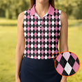 Black Pink Argyle Womens Golf Shirts, Ladies Pink Golf Shirt, Womens Golf Polo Shirts, Golf Gift For Womens